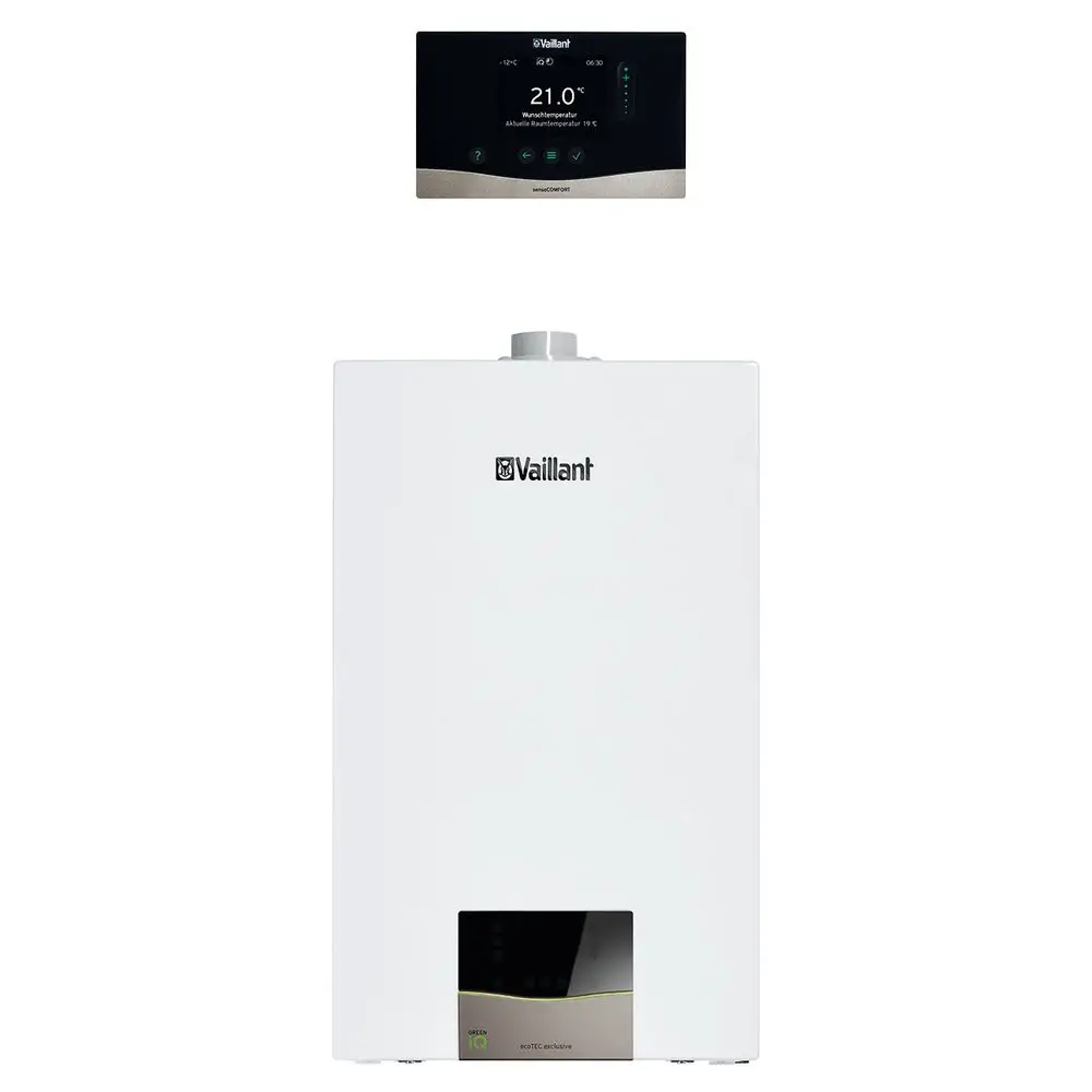 Heizkessel von Vaillant in weiß mit digitalem Thermostat oberhalb, das die aktuelle Temperatur anzeigt. Untere Einheit zeigt Bedien- und Anzeigeelemente für die Steuerung.